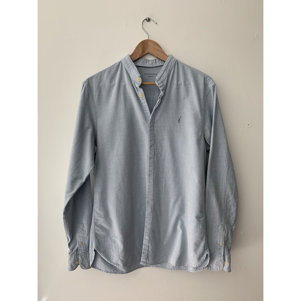 Allsaints Men's Button Up Shirt 100% Cotton Light Blue Prep Ivy Inverted Collar